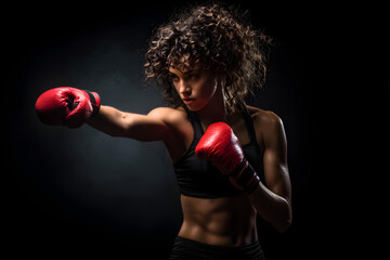 A focused female boxer with curly hair and sweat on her face throws a punch, her red boxing gloves prominent in the dark, dramatic studio lighting