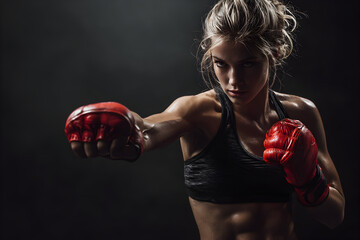 Determined female boxer in red gloves throws a punch, intense focus, dramatic lighting in a dark gym
