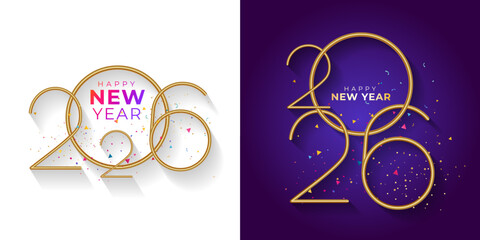 Set of post design for Happy New Year 2026. Elegant vibrant golden 3D number logo unit with fireworks confetti.
