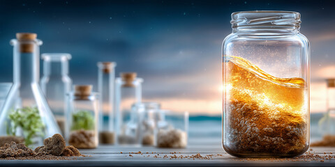 Glass jar filled with golden liquid and soil is displayed among various laboratory glassware, creating scientific and experimental atmosphere. scene is set against serene sunset background