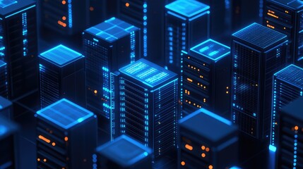 Server racks creating abstract digital data center city