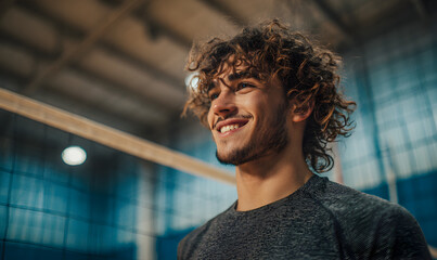 Young athletic man with curly hair smiling in a volleyball court, ready for game