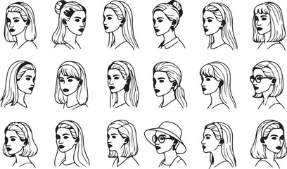 Set of Fashionable Female Characters Illustration Vector Different Hairstyles and Outfits