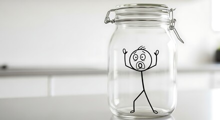 A stick figure drawing looking trapped and scared inside a clear glass jar on a blurred kitchen counter, symbolizing confinement and fear.