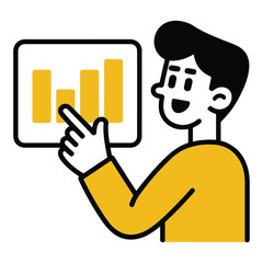 Smiling cartoon character highlights key business data on an interactive bar graph, symbolizing insightful statistical analysis and positive growth trends for success