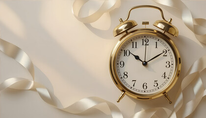 Golden clock showing five minutes to midnight, minimalist pastel concept on ivory background with copy space
