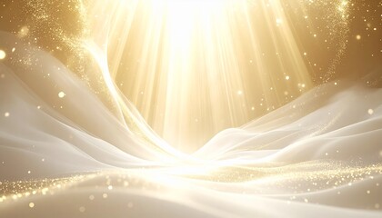 Ethereal Golden Light Beams Shining Through Wispy White Clouds and Glittering Particles
