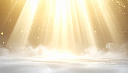 Heavenly golden light descends through ethereal mist, creating a sacred and serene ambiance on a pristine, cloud-like surface, ideal for spiritual and celebratory themes