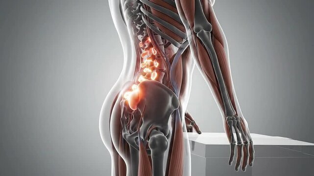 3D Medical Animation Depicting Human Lumbar Spine Anatomy with Muscular System Overlay and Pain Highlighted in Orange Tones against a Clean Gray Background