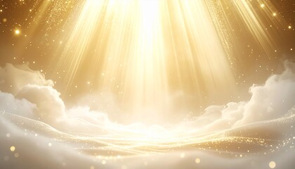Divine Golden Light Beams Shining Through Clouds with Sparkling Particles, Creating a Heavenly Atmosphere