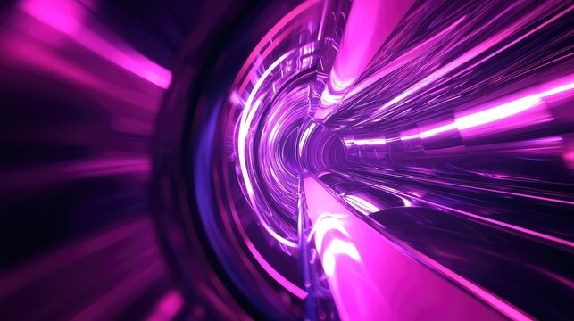 Futuristic neon light tunnel traveling through cyberspace