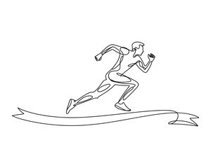 Continuous runner crossing finish line banner drawing line art illustration