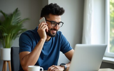 Business Communication. Handsome Indian Male Freelancer Talking On Cellphone And Using Laptop. High quality