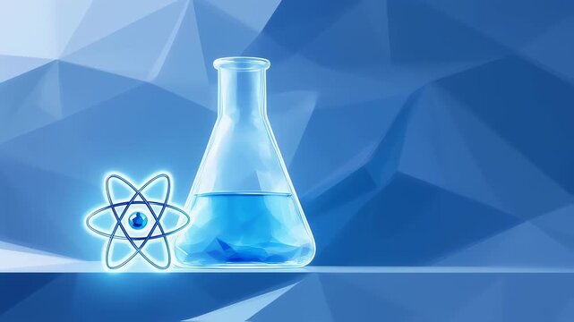 Blue laboratory beaker with liquid and atom symbol on geometric background