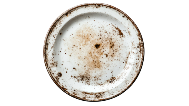 Dirty plate with leftover food stains and used dish surface showing realistic messy tableware detail isolated on white background