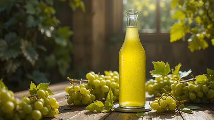Fototapeta premium Glass bottle of fresh green grape juice on a wooden table outdoors with natural sunlight