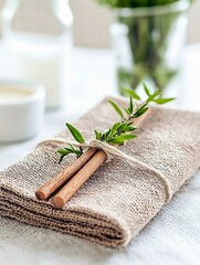 A close-up view of a folded burlap napkin, adorned with two cinnamon sticks and a fresh green sprig, tied with twine. The napkin rests on a white tablecloth, wi