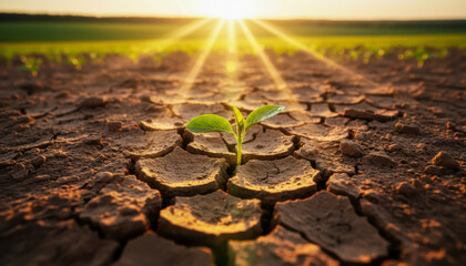 Small green plant sprout growing from dry cracked earth at sunrise or sunset light