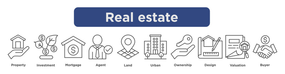 real estate icon set featuring property, investment, mortgage, land, urban buildings, design, valuation, and buyer concepts in outline style.