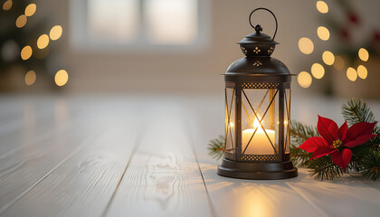 Clean realism lantern with warm glow representing procession on smooth ivory floor with copy space