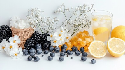 A refreshing arrangement of blueberries, blackberries, lemons, lemonade, honeycomb, and delicate white flowers.