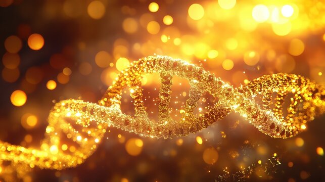 Golden dna helix code glowing with bright particles