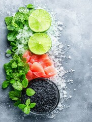A top-down view of raw tuna, lime slices, mint leaves, black sesame seeds, and crushed ice arranged on a grey textured surface.