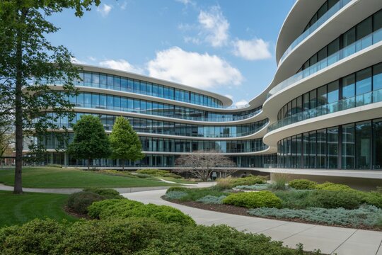 A large, multi-story office building with elegant curved facades and extensive glass windows is set within a beautifully landscaped courtyard.