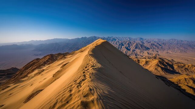 Aerial View of Desert Mountain Range Under Clear Blue Sky Landscape in Evening Light