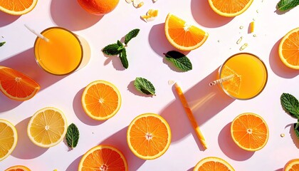 A vibrant flat lay of sliced oranges and lemons, glasses of orange juice, and fresh mint leaves scattered on a white surface.