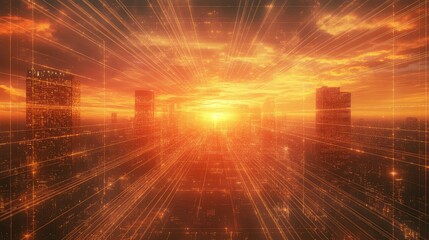 Orange digital data urban network connecting modern city