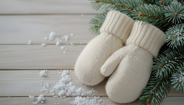 Woolen mittens resting on pale wooden board in soft morning light with subtle snow and blurred evergreen sprig, editorial minimalism with copy space - Powered by Adobe