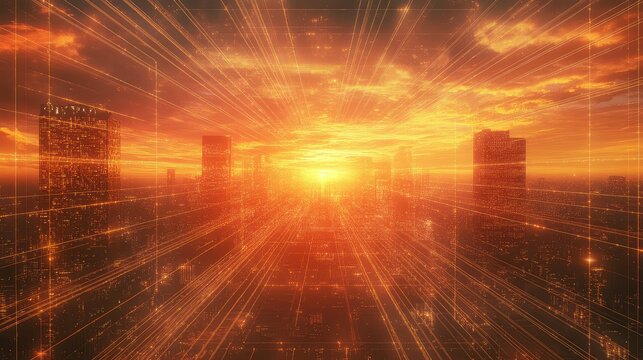 Orange digital data urban network connecting modern city