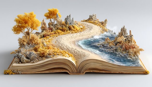 Diverging roads from a book representing decision-making flowchart in sandy yellows