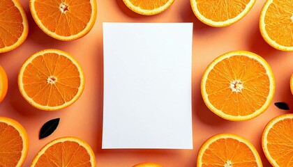 A vibrant flat lay composition features numerous sliced oranges and a blank white sheet of paper, set against a warm orange backdrop.