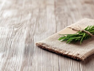 A bundle of fresh rosemary sprigs is tied with twine and placed on a piece of burlap with a small tag, set against a textured wooden background.