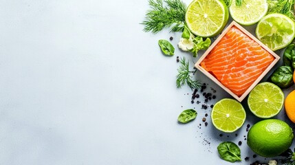 A close-up shot of a raw salmon fillet surrounded by fresh limes, dill, spinach, and peppercorns, arranged on a light blue surface.