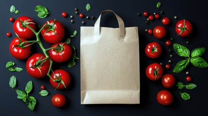 A collection of fresh, ripe tomatoes and vibrant basil leaves are artfully arranged around a plain brown paper bag, suggesting a grocery haul or ingredients for
