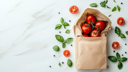 A collection of fresh red tomatoes, basil leaves, and peppercorns arranged on a white marble surface, with some tomatoes spilling from a brown paper bag.