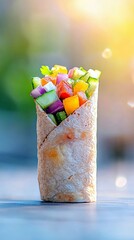 A vibrant and healthy vegetable wrap filled with diced cucumbers, tomatoes, bell peppers, and red onion, presented outdoors.