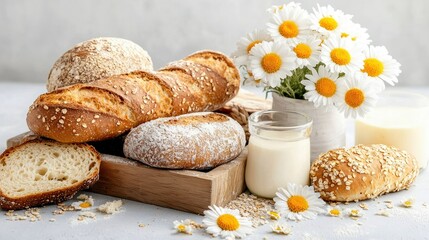 A rustic arrangement of various breads, including a baguette and round loaves, served with milk and adorned with a bouquet of daisies.