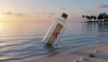 Message in a bottle washed ashore on a tropical island beach at sunset light