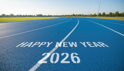 Happy new year 2026 on blue running track, new beginnings and goals ahead