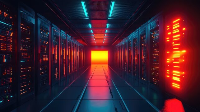 Server room corridor with big data processing future