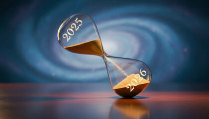 Future countdown: hourglass shows 2025 to 2026 transition with flowing sand