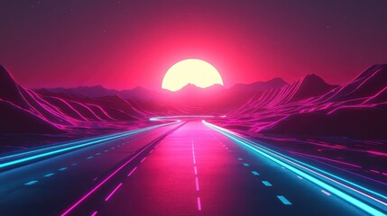 Retro neon road trip into a vibrant synthwave sunset landscape