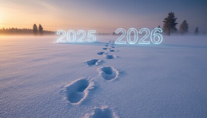 Footprints in the snow lead to 2025 to 2026, marking a new year's journey.