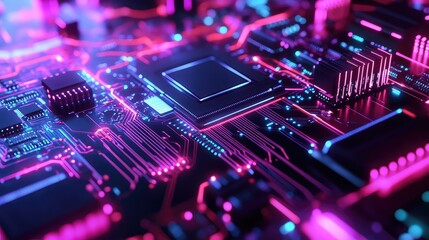 Fototapeta premium Circuit board glowing with neon pink and blue lights