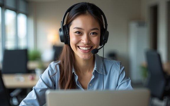Woman with headset working in office. High quality
