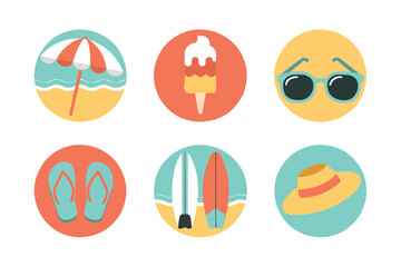 Summer vacation icons set, perfect for travel blogs, social media posts, and summer promotions, conveying relaxation, fun, and seaside adventures